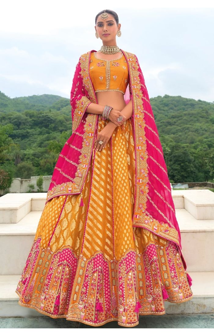 Mustard Gold Banarasi Lehenga with pink dupatta, Indian wedding lehenga for USA, UK, and Canada buyers.