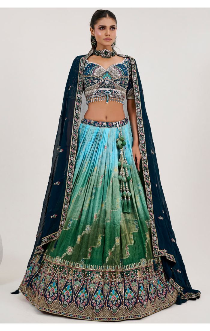 Navy Blue and Aqua Ombre Floral Embroidered Lehenga - LEHV3893