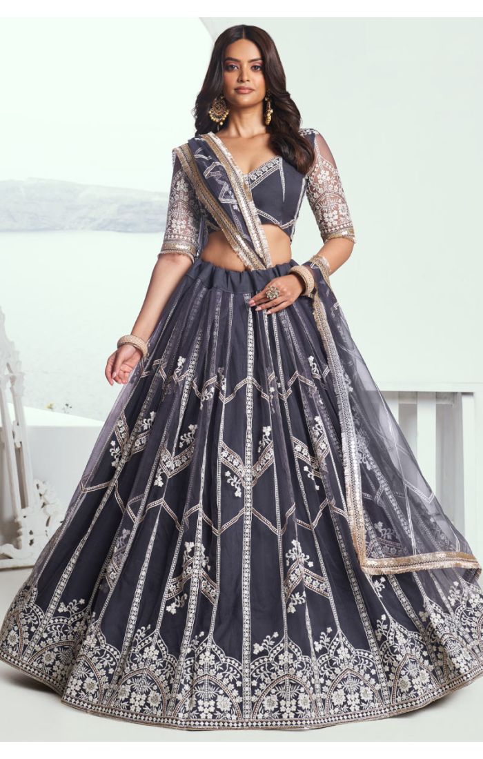 Shop Navy Blue Embroidered Lehenga Set with Golden Lace Border for Weddings in London Online - LEHV3901 