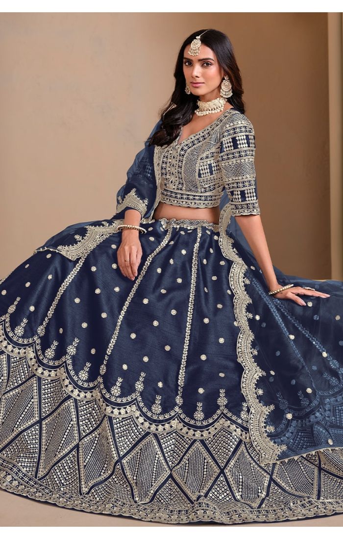 Navy Blue Heavy Embroidered Silk Lehenga Choli for Weddings & Festive Wear – Designer Indian Outfit