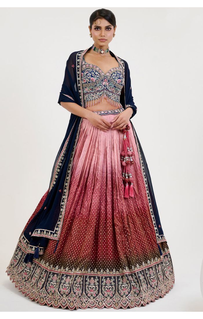 Buy Navy Blue and Pink Embroidered Silk Bridal Lehenga with Zari Work in USA and UK Online - LEHV3892 