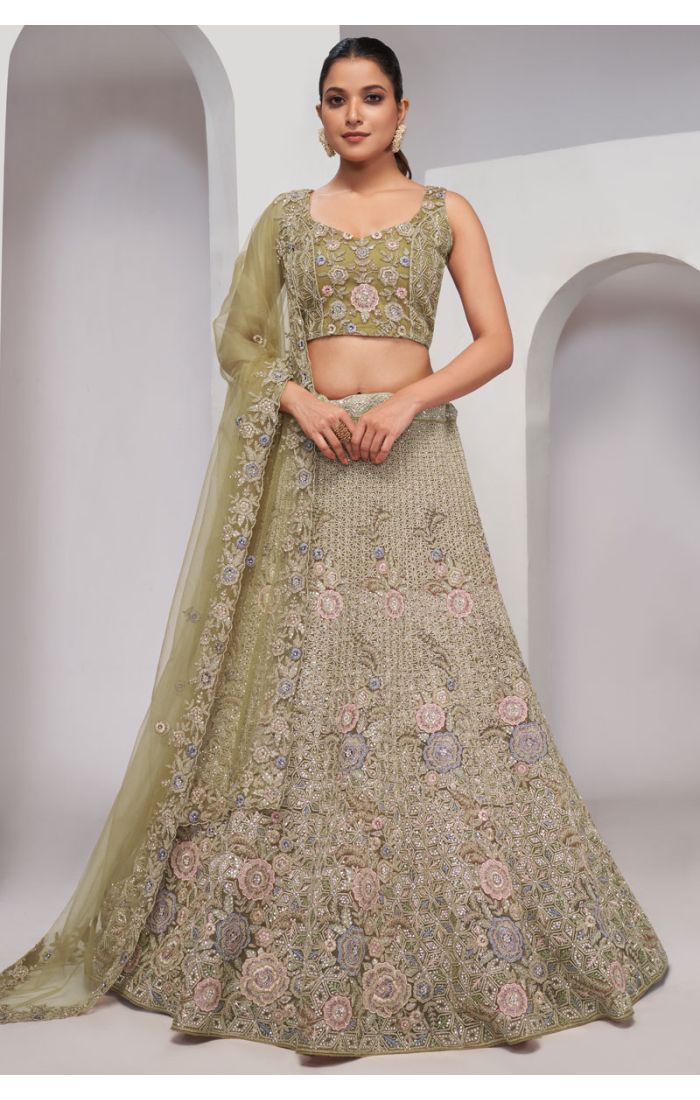 Shop Olive Green Embroidered Net Lehenga for Mehandi Ceremony with floral and geometric detailing in London, UK Online Store