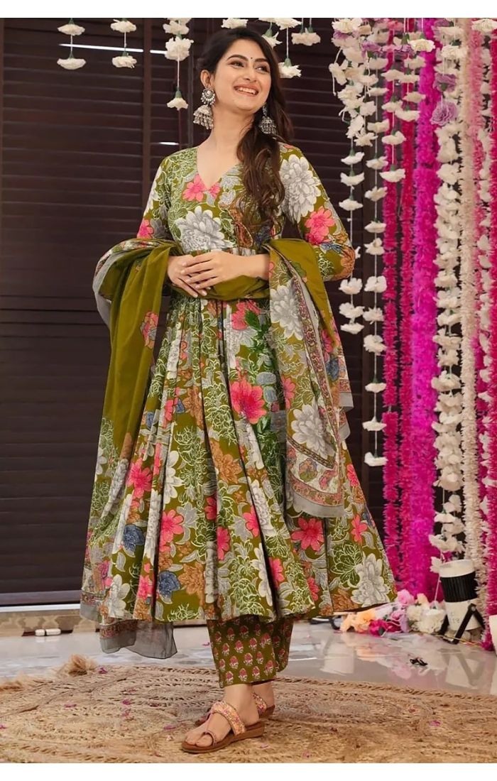 Olive Green Floral Anarkali Kurta Set with Dupatta – Traditional Ethnic Wear for Women