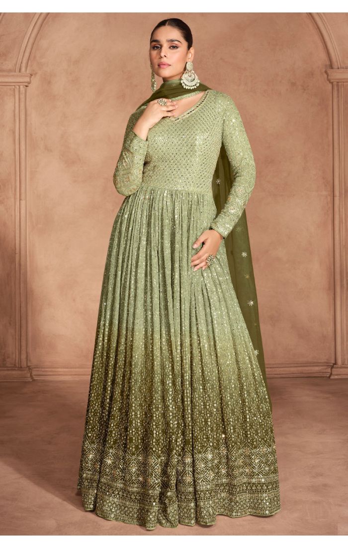 Buy Georgette Olive Green Anarkali Salwar Suit with Net Dupatta online - Appelle Fashion | SALV5716 