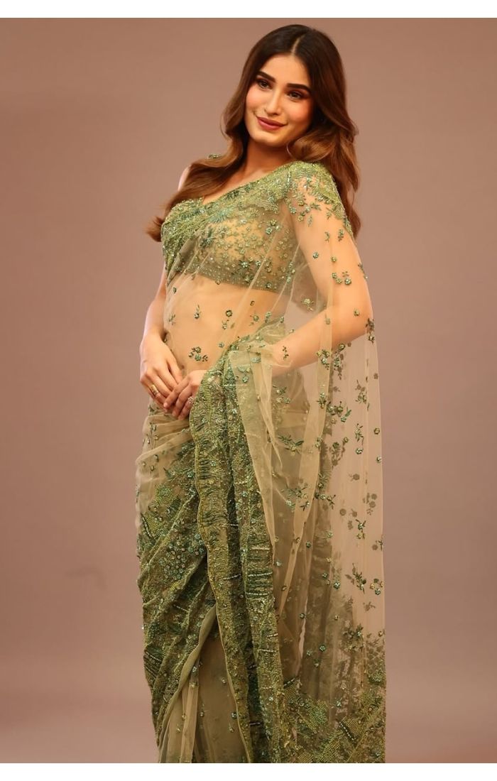 Close-up of embroidered pallu and blouse on olive green net designer saree.