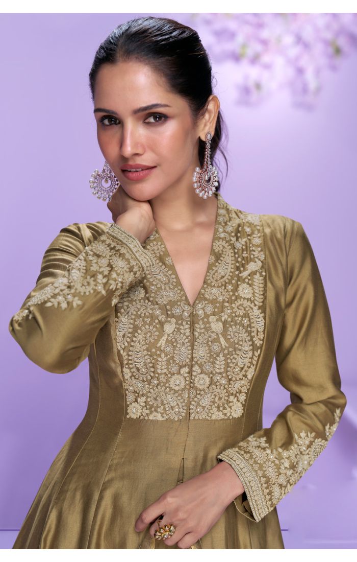 Olive silk palazzo suit with intricate yoke embroidery – close-up