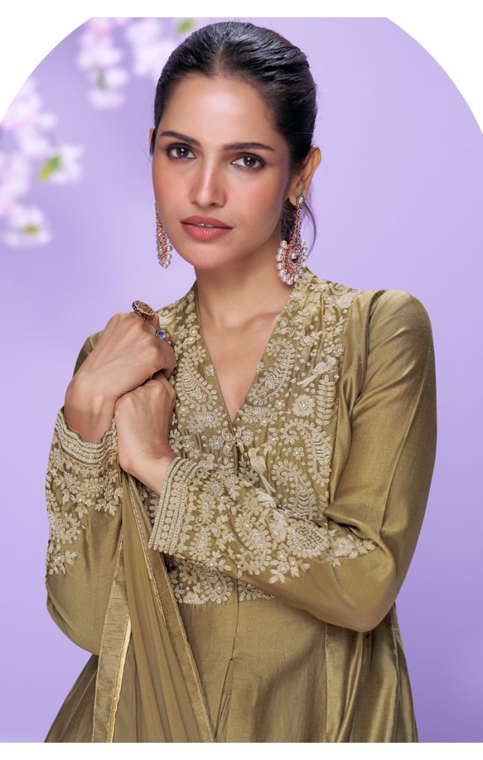 Olive silk palazzo suit with intricate yoke embroidery