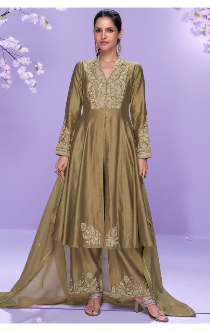 Olive silk palazzo suit with V-neck embroidery – front view