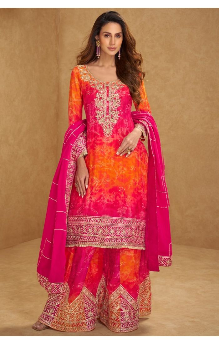Orange & Pink Premium Chinon Silk Sharara Salwar Kameez with Zari Embroidery – Front View