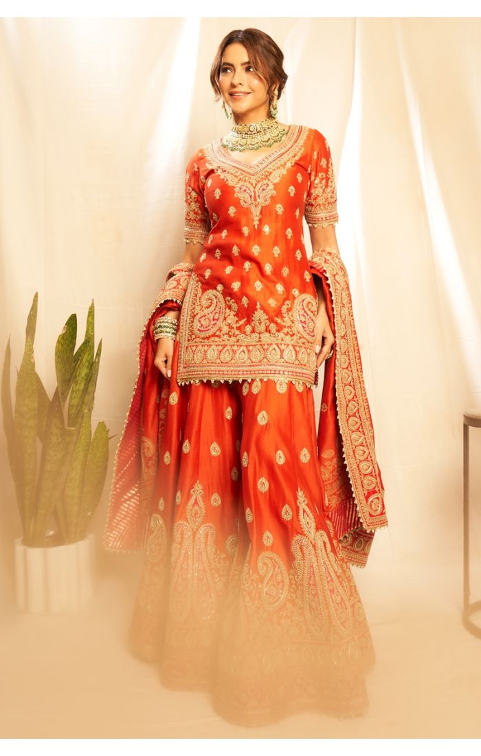 Orange Silk Embroidered Sharara Set with Dupatta for Weddings