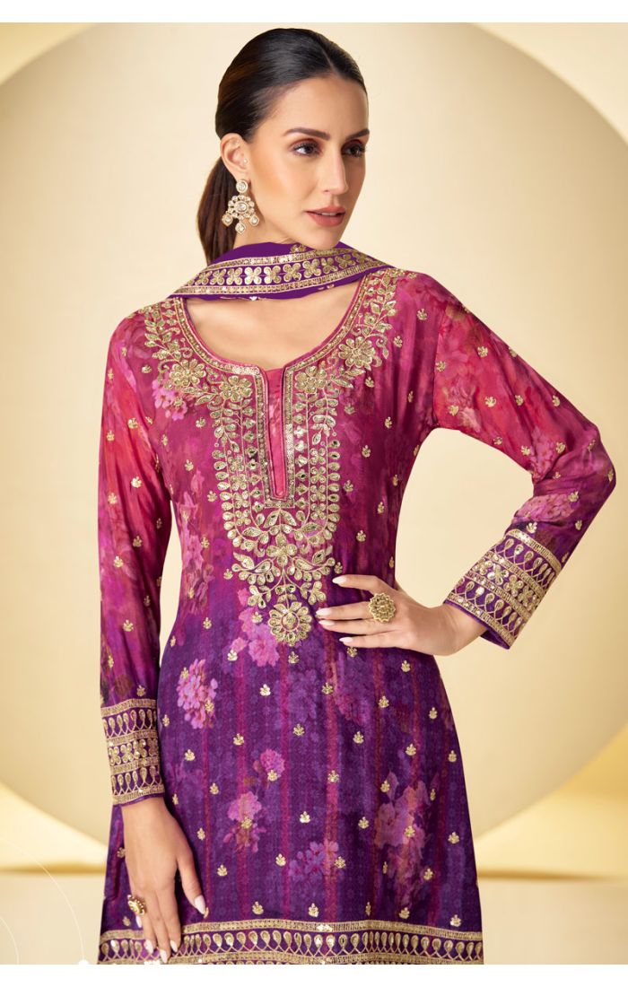 Pakistani Style Purple-Pink Georgette Suit with Golden Embroidery, Long Sleeves, Palazzo & Dupatta – SALV5794
