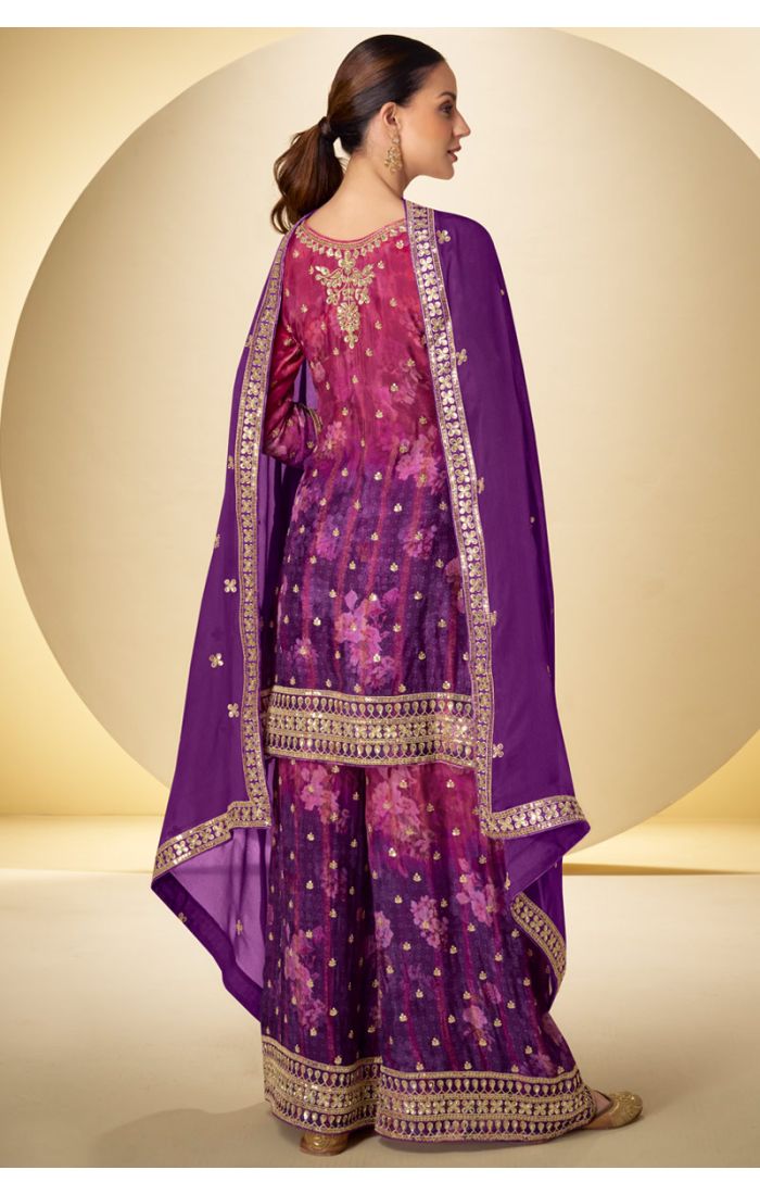 Pakistani Style Purple-Pink Georgette Suit with Golden Embroidery, Long Sleeves, Palazzo & Dupatta – SALV5794