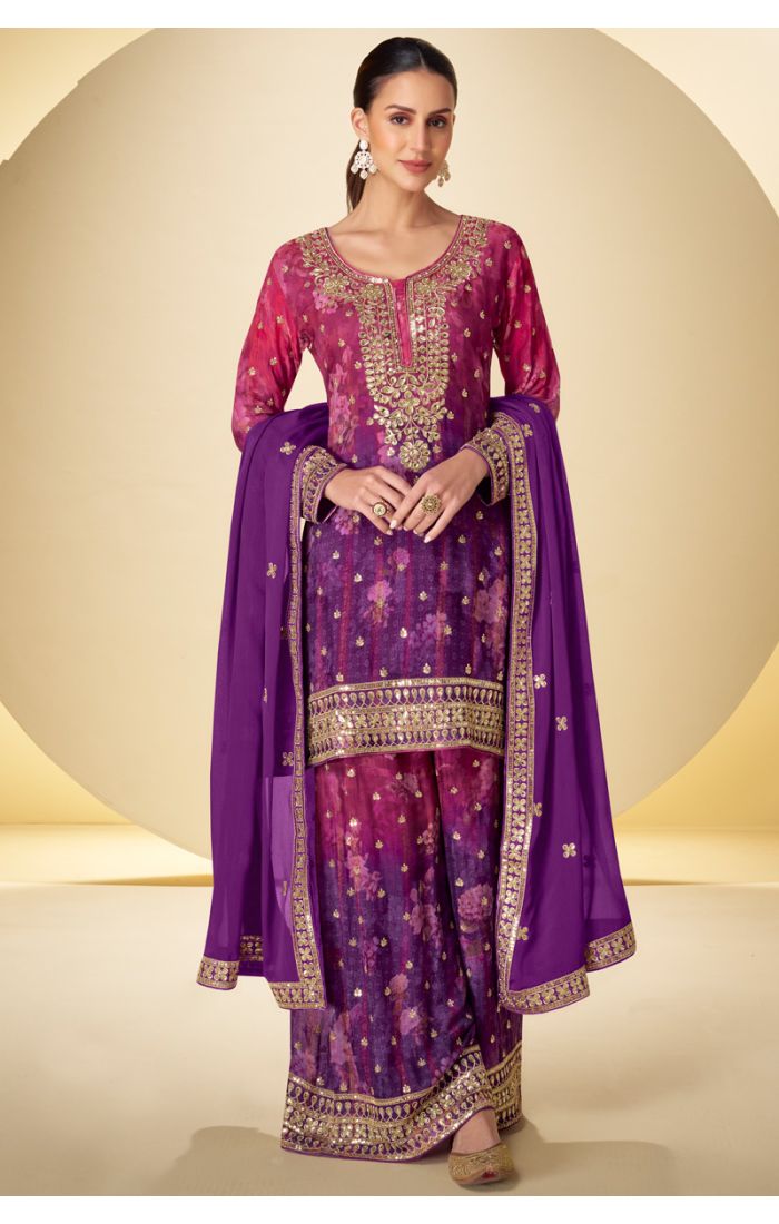 Pakistani Style Purple-Pink Georgette Suit with Golden Embroidery, Long Sleeves, Palazzo & Dupatta – SALV5794
