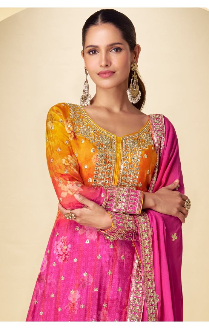 Pakistani georgette suit neckline embroidery with mirror and zari work – close-up