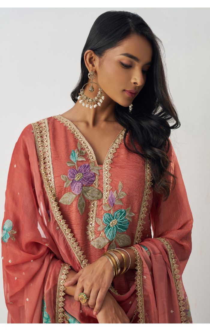 Pakistani Style Rust Crushed Silk Suit with Floral Embroidery, 3/4 Sleeves & V-Neck