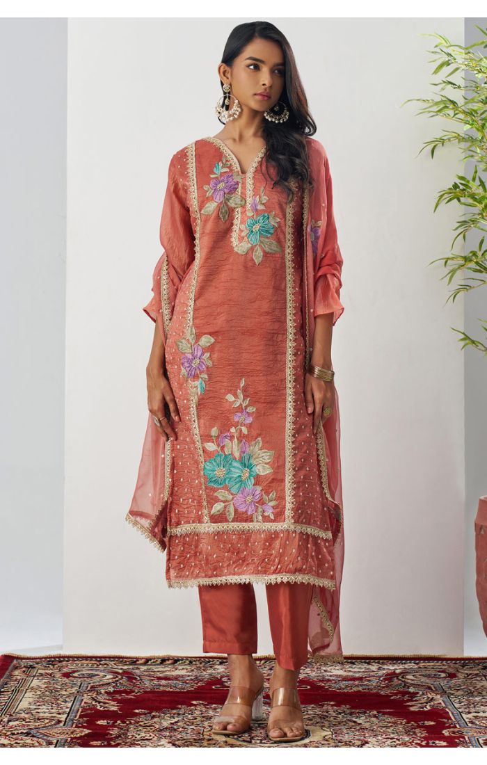 Pakistani Style Rust Crushed Silk Suit with Floral Embroidery, 3/4 Sleeves & V-Neck