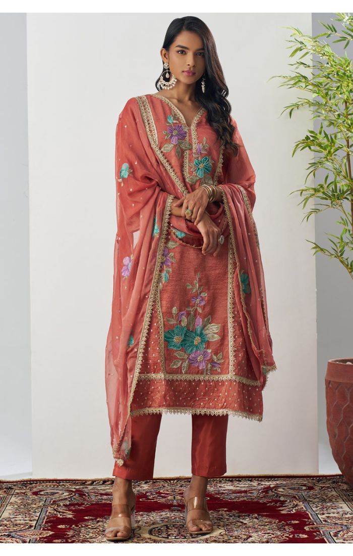 Pakistani Style Rust Crushed Silk Suit with Floral Embroidery, 3/4 Sleeves & V-Neck