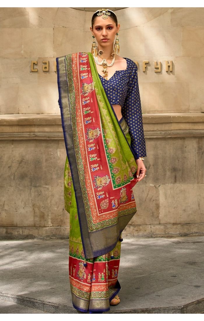 Parrot Green Banarasi Silk Saree with Red Pallu and Traditional Zari Work – Festive & Wedding Wear