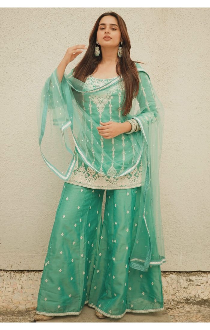 Pastel Green Embroidered Sharara Suit with Delicate Detailing - Perfect for Eid Night (SALA5626)