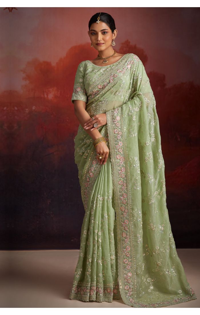 Pastel Green Embroidered Saree for Weddings and Festive Occasions