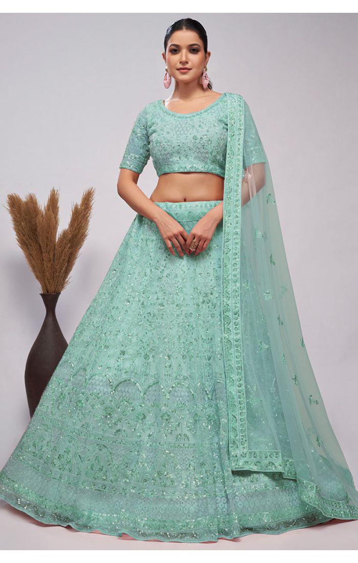 Pastel Green Net Lehenga with Sequins and Resham Embroidery – Elegant Ethnic Wear for Weddings and Festive Celebrations.