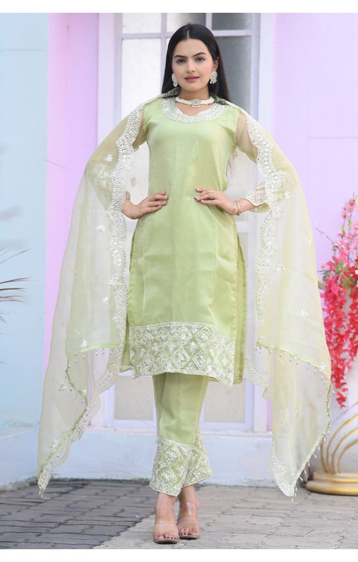 Pastel green embroidered Organza Kurta Pant Suit with dupatta – wedding and festive wear for women