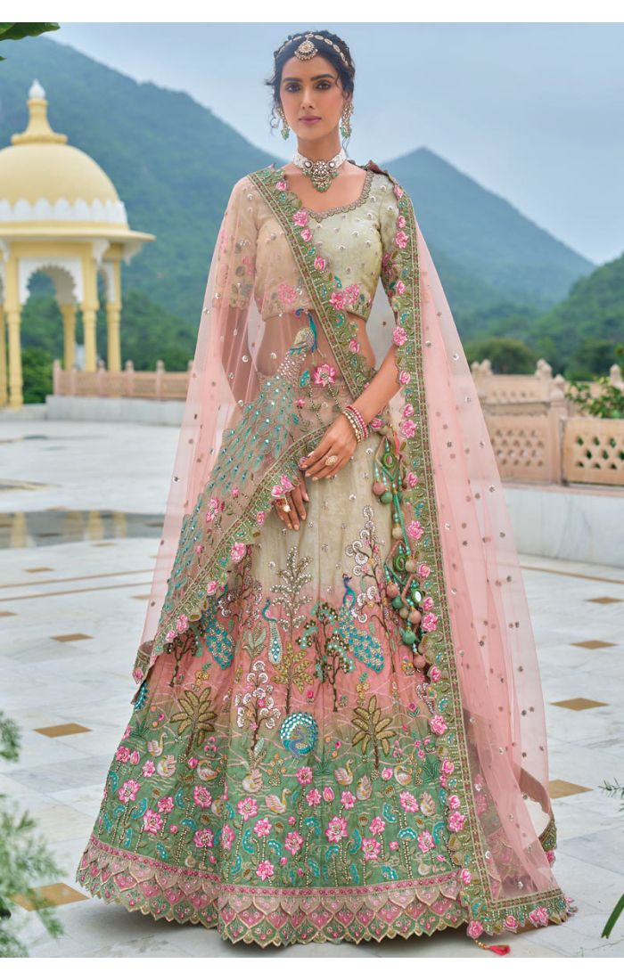 Pastel Green Wedding Lehenga with Peacock Embroidery and Pink Dupatta – Bridal Wear