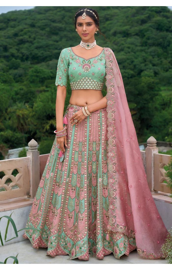 Pastel Pink and Mint Green Embroidered Lehenga Choli with Floral Motifs for Weddings - LEHV3841