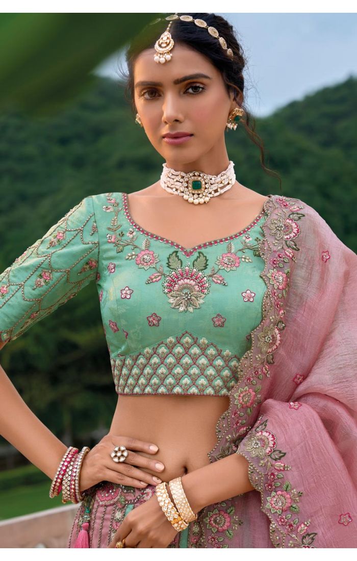 Pastel Pink and Mint Green Embroidered Lehenga Choli with Floral Motifs for Weddings - LEHV3841