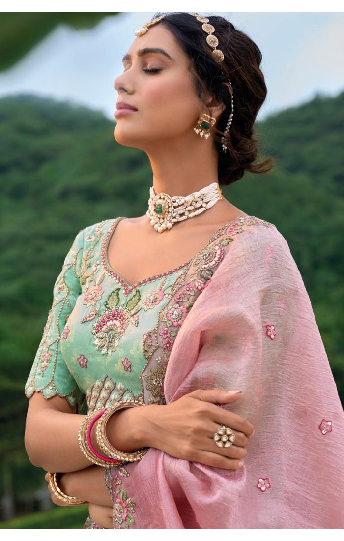 Pastel Pink and Mint Green Embroidered Lehenga Choli with Floral Motifs for Weddings - LEHV3841