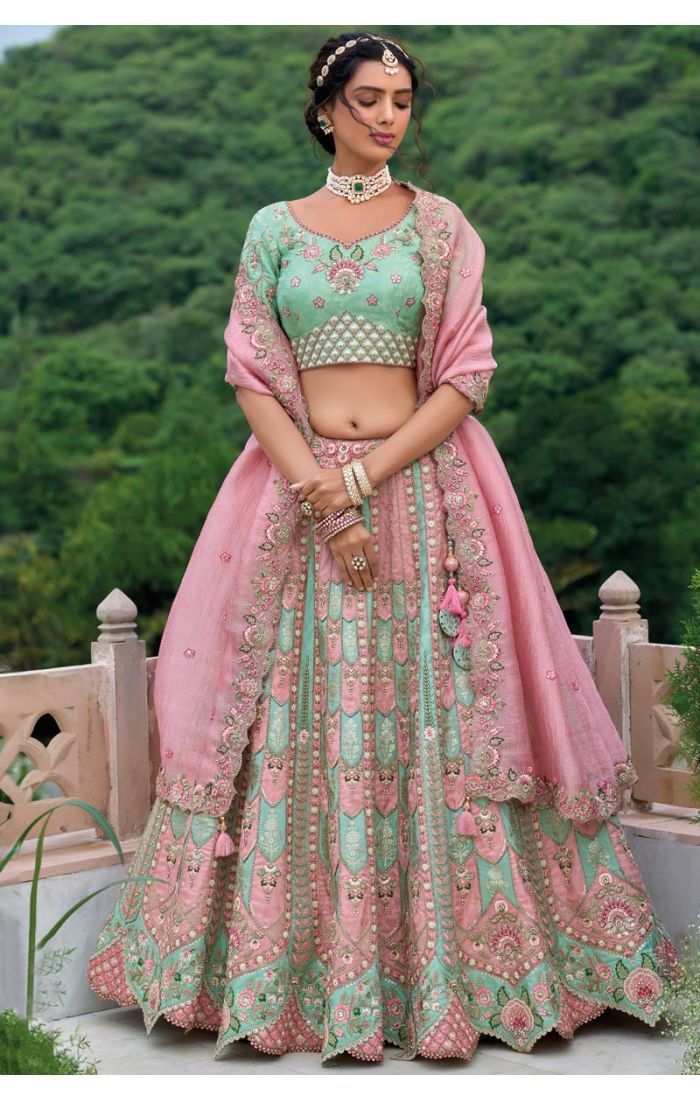 Pastel Pink and Mint Green Embroidered Lehenga Choli with Floral Motifs for Weddings - LEHV3841