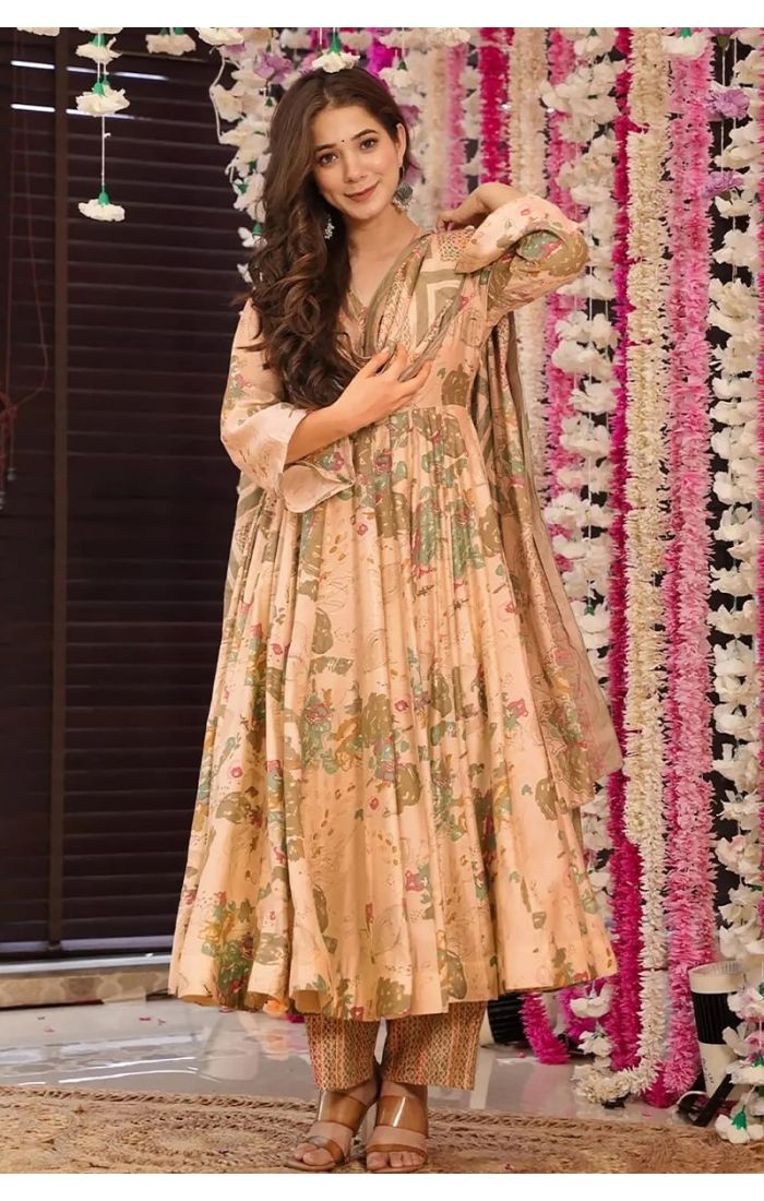 Peach Ethnic Flared Kurta Set with handcrafted detailing and pastel floral prints – Wedding & Festive Wear