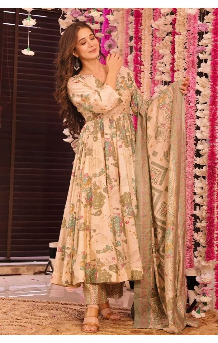 Peach Ethnic Flared Kurta Set with handcrafted detailing and pastel floral prints – Wedding & Festive Wear