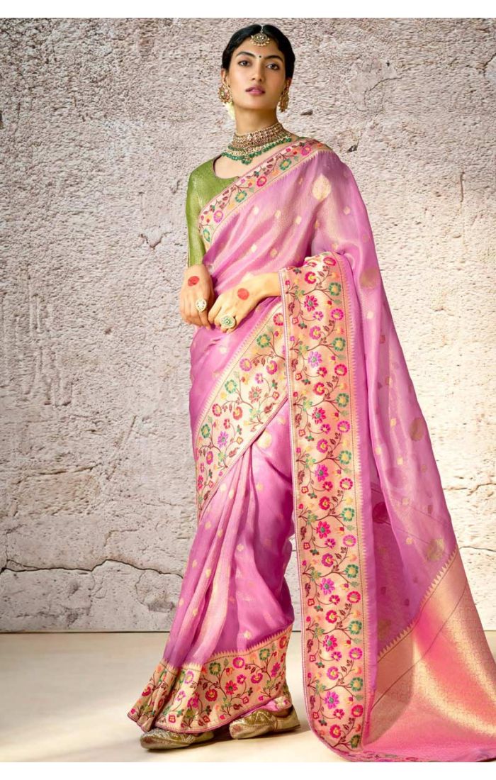 Pink Banarasi Silk Saree with Floral Motifs for Weddings and Festive Occasions at Appelle Fashion Australia