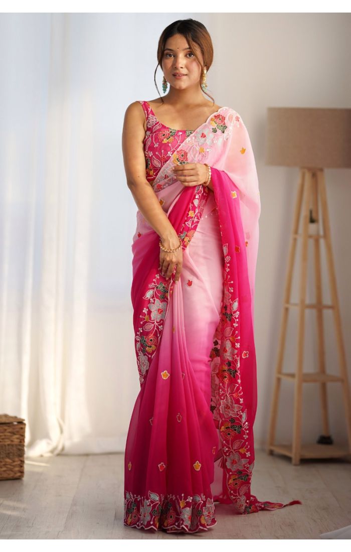 Shop Pink Designer Georgette Saree with Floral Embroidery Work online in London UK - SREV3904