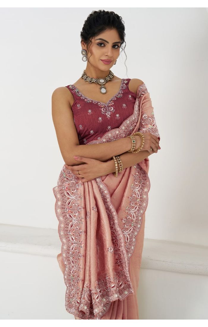 Close-up of Pink Dola Viscose Silk Saree with Detailed Embroidery