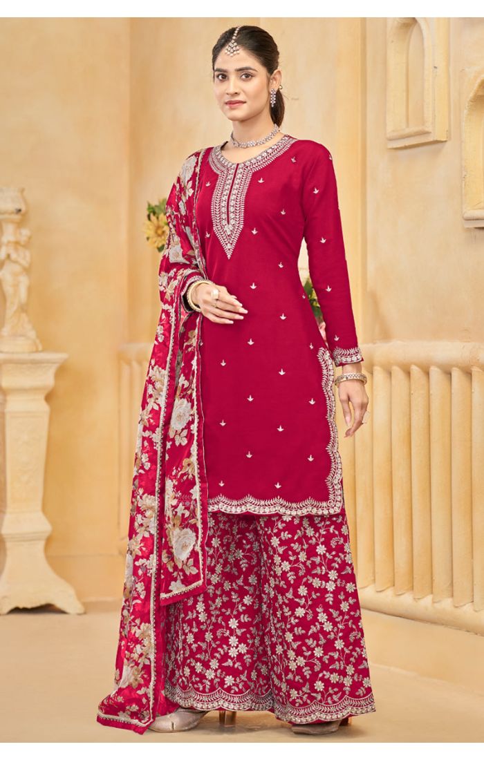 Buy Pink Roman Silk Embroidered Palazzo Suit with Floral Dupatta – Wedding & Festive Wear online - SALV5701 | Appelle Fashion 