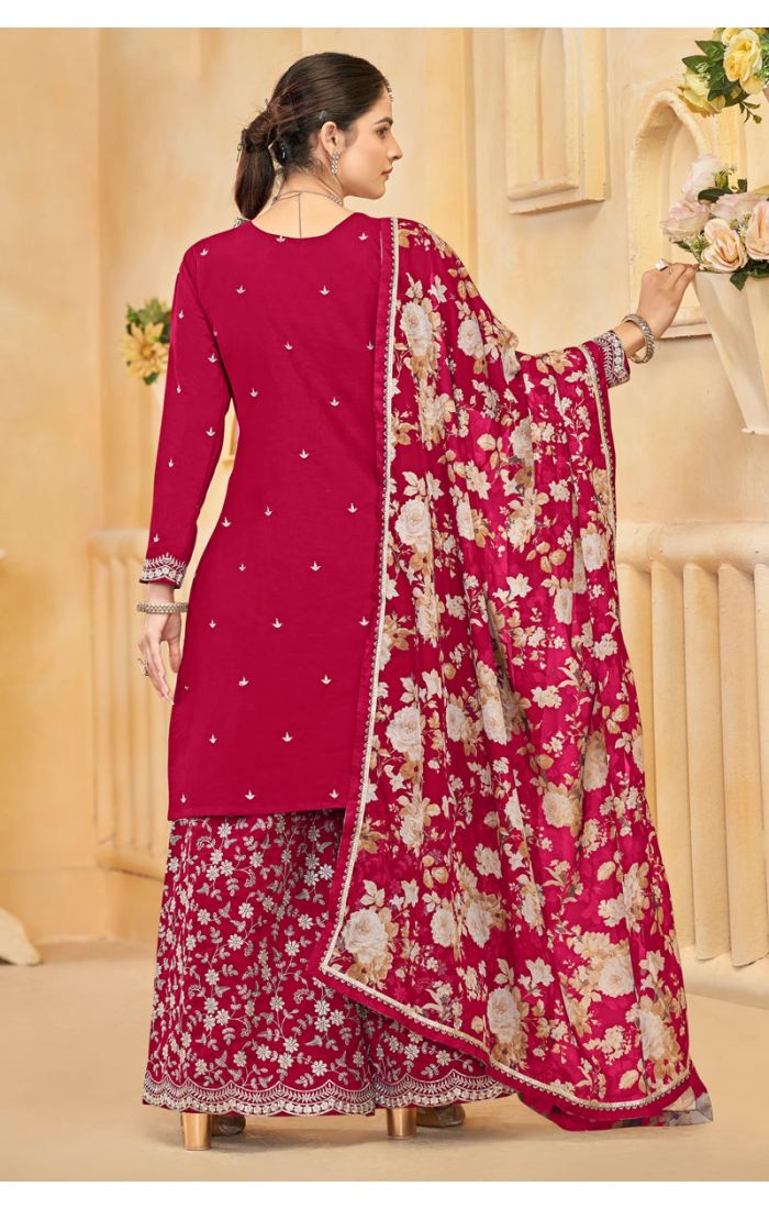 Buy Pink Roman Silk Embroidered Palazzo Suit with Floral Dupatta – Wedding & Festive Wear online - SALV5701 | Appelle Fashion 