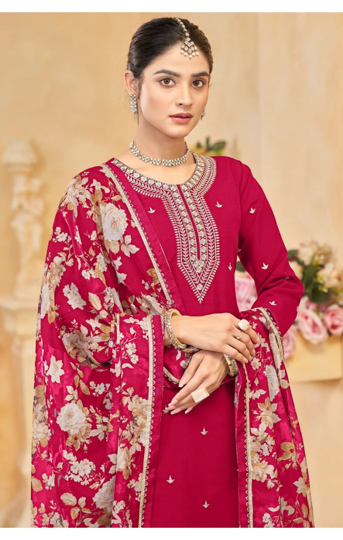 Buy Pink Roman Silk Embroidered Palazzo Suit with Floral Dupatta – Wedding & Festive Wear online - SALV5701 | Appelle Fashion 