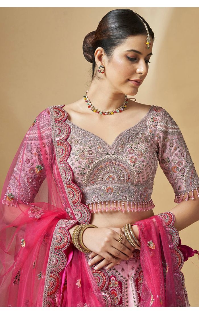 Pink Silk Bridal Lehenga Choli with Heavy Embroidery – Close Up