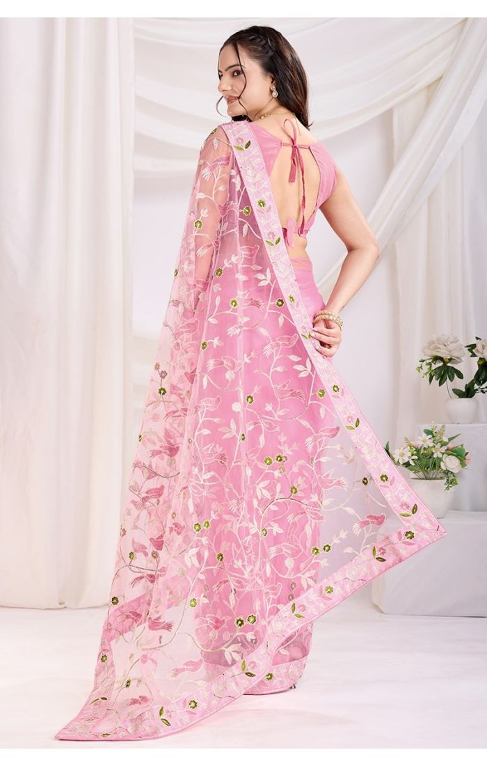  Backside View of Pink Soft Net Saree with Tie-Back Mono Banglori Blouse and Intricate Embroidery