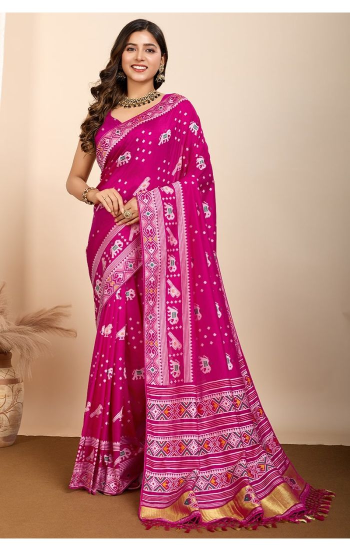 Elegant Pink Soft Silk Saree with Traditional Motifs & Zari Border for Wedding and Festive Wear