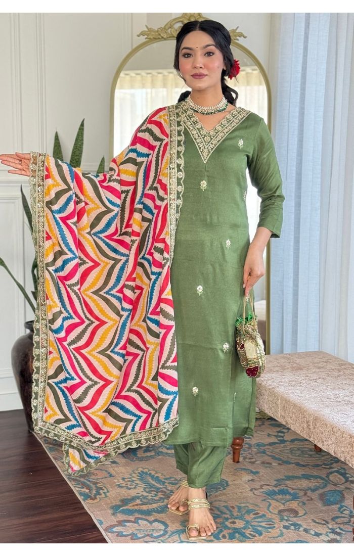 Pista Green Viscose Embroidered Salwar Suit with Linen Slub Dupatta – Wedding & Festive Wear