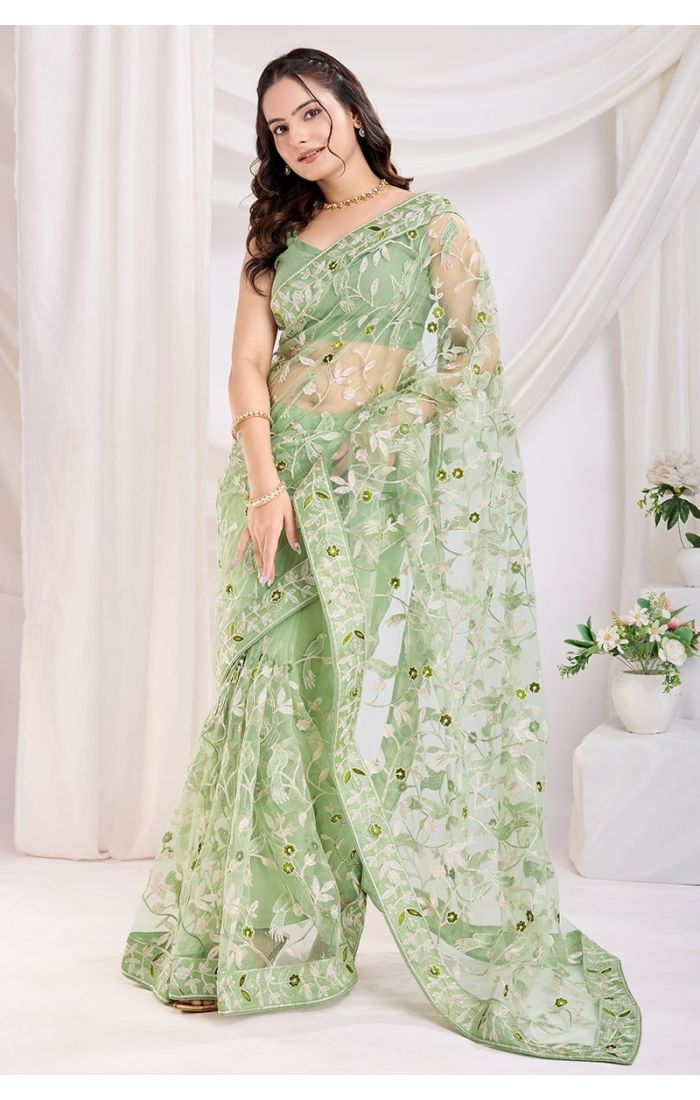 Pista Green Soft Net Embroidered Saree with Silk Blouse – Wedding & Festive Wear