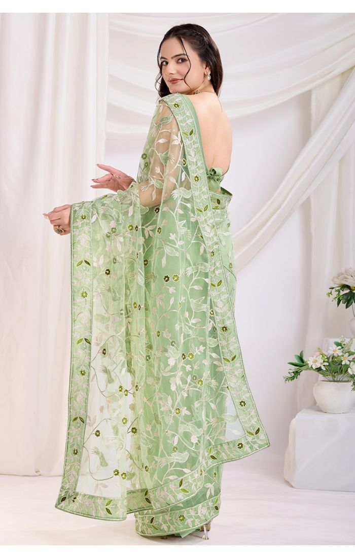 Pista Green Soft Net Embroidered Saree with Silk Blouse – Wedding & Festive Wear