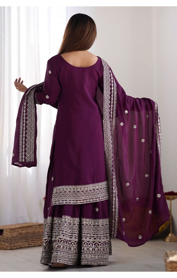 Plum Chinon Silk Sharara Suit with Mirror & Zari Embroidery for Eid & Weddings