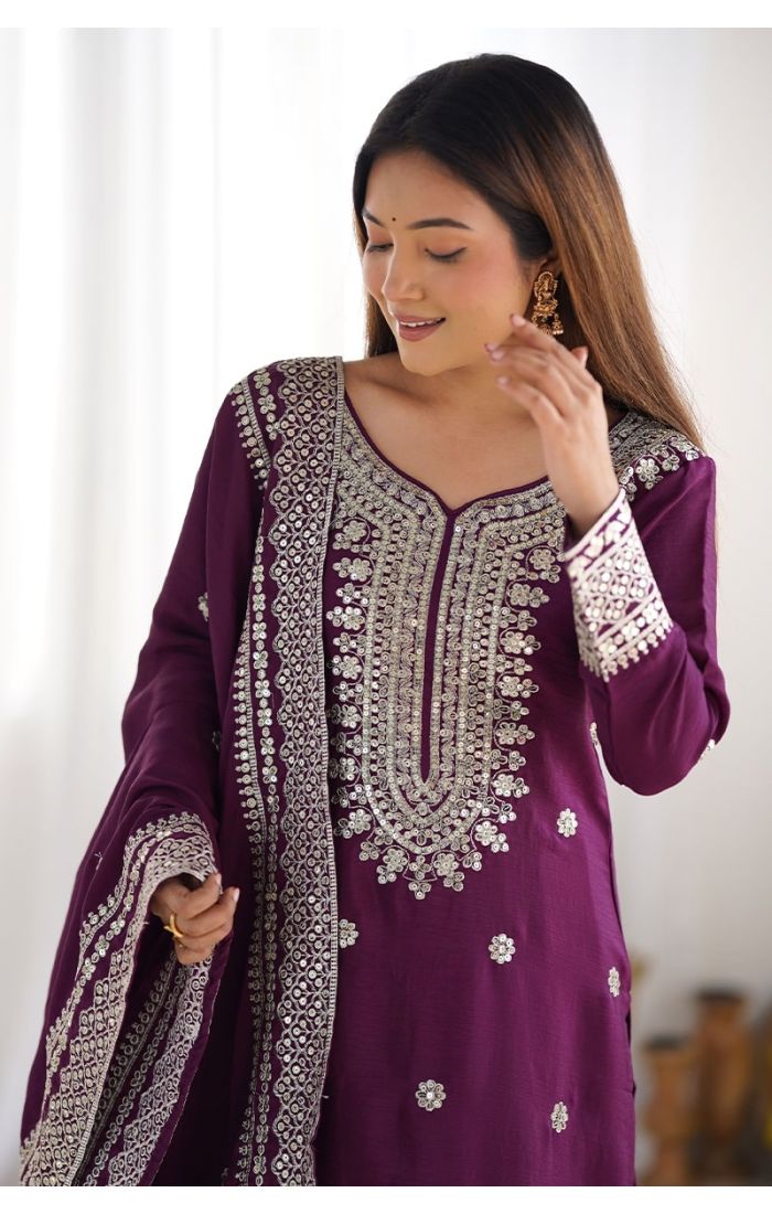 Plum Chinon Silk Sharara Suit with Mirror & Zari Embroidery for Eid & Weddings