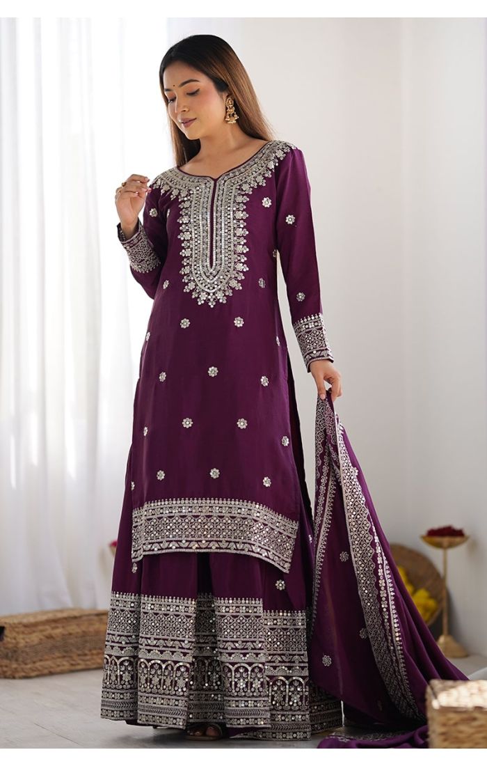 Plum Chinon Silk Sharara Suit with Mirror & Zari Embroidery for Eid & Weddings