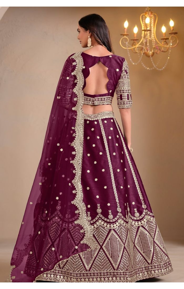 Plum Silk Mirror Work Lehenga Choli with Embroidered Net Dupatta for Weddings & Festive Wear