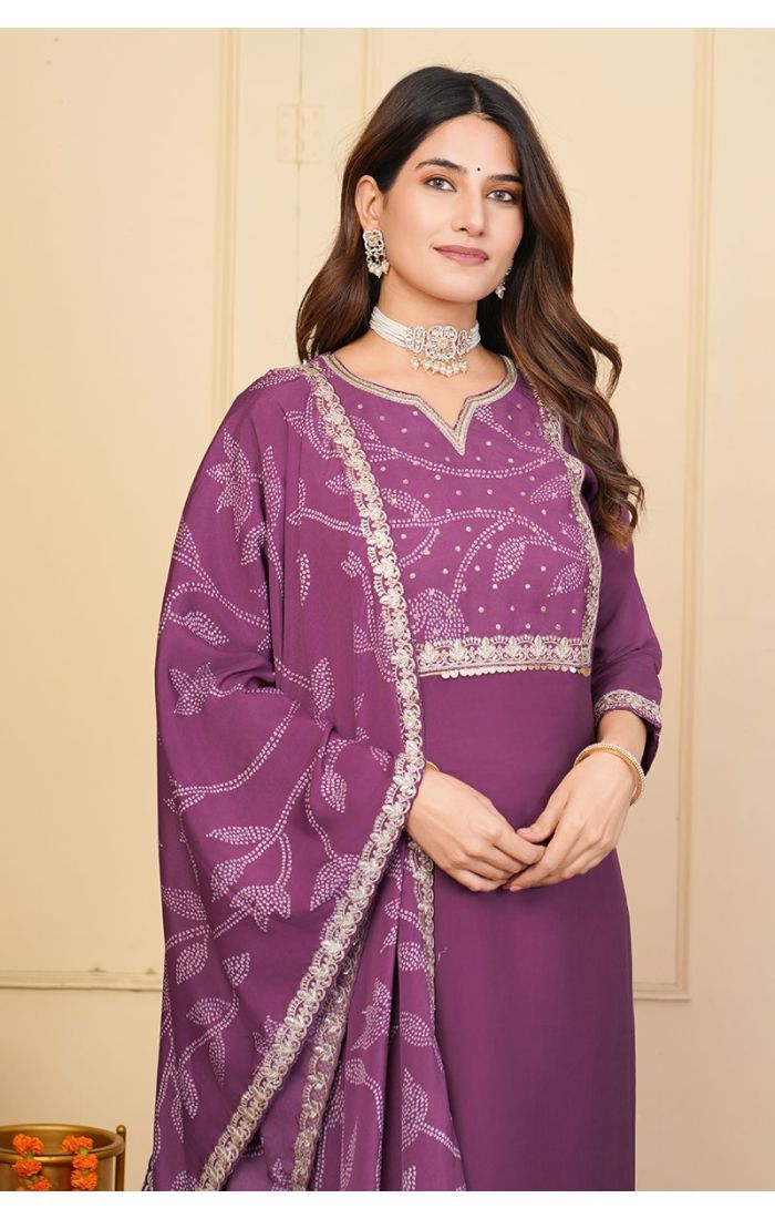  Plum Purple Embroidered Chanderi Kurta Set with Dupatta – Festive & Wedding Wear Ethnic Outfit